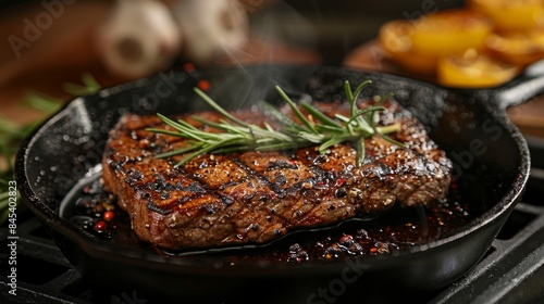 A juicy and tender steak sizzling in a hot skillet.