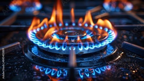 A vivid image capturing the active blue flames of a gas stove burner surrounded by grill parts