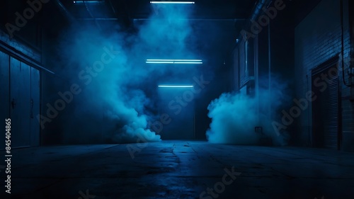 A scene for showing products, basement with blue lights on smoke, suitable for commercials
