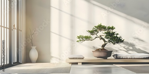 Minimalist room with sunlit ambiance featuring bonsai tree cushions and tatami mats. Concept Minimalist Decor, Sunlit Ambiance, Bonsai Tree Cushions, Tatami Mats