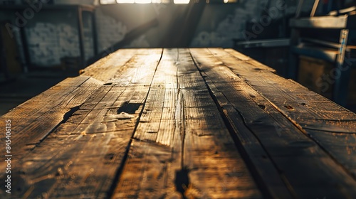 A retro vintage photo featuring a worn old wooden table and workshop interior. The image includes sunlight and dark shadows, creating a nostalgic atmosphere.