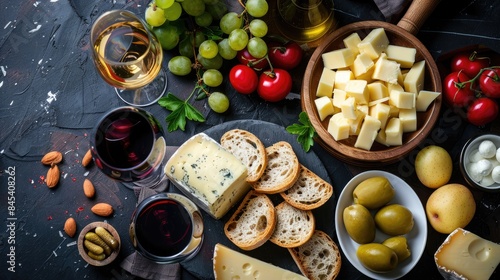 Cheese fondue spread with accompaniments and drinks on dark background