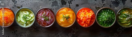 Various colorful sauces in ceramic bowls over dark stone background.