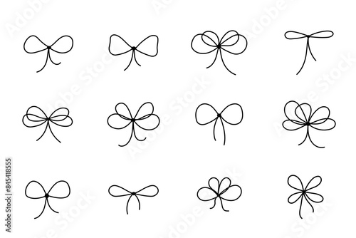 Gift bow icons set. Doodle vector line drawing. Outline minimal tie hand drawn sketch isolated on white