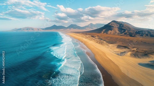 Aerial, panoramic view of the beautiful, unspoiled Cofete beach on the volcanic island of Fuerteventura, Canary Islands, Spain. 