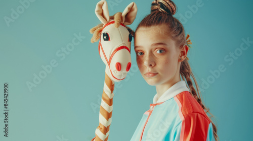 Hobbyhorsing. Girl hobbyhorsing on solid color background. Hobby horse riders jumping, equestrian sport training with stick toy horses.