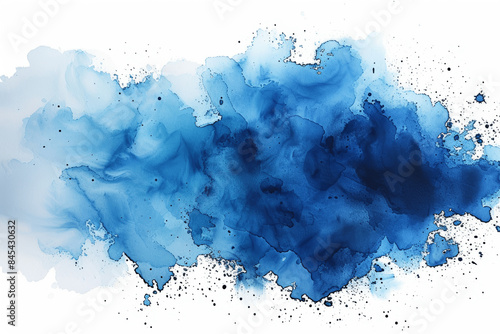 Vibrant Blue Watercolor Splash Art with Abstract Ink Stains on White Background