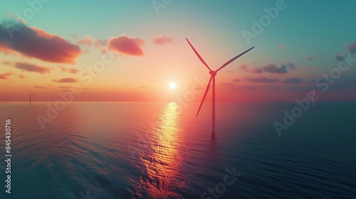 Aerial view of a floating wind turbine farm on a serene ocean, harnessing wind energy under a vibrant, cyberpunk sunset, illustrating future renewable energy