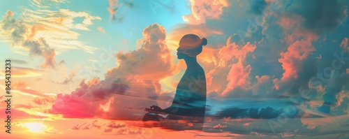 A serene double exposure image depicting a meditating person silhouetted against a vibrant sunset sky filled with clouds.