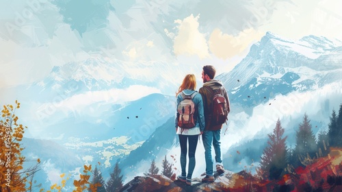 A couple with backpacks stands on a mountain peak, overlooking a scenic valley with snow-capped mountains in the background. The sky is partly cloudy, and the scene is surrounded by autumn foliage.