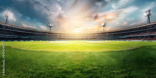 Highdefinition panoramic photo of cricket stadium in daylight and under stadium lights. Concept Cricket Stadium, Panoramic View, Daylight, Stadium Lights, High-definition Photo