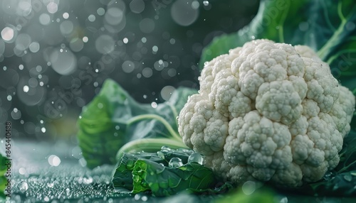 White cauliflower with green leaves and water drops.
