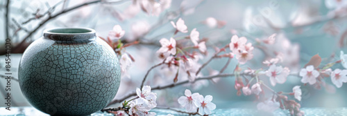 Ethereal Korean moon jar with a crackled celadon glaze, surrounded by delicate cherry blossom branches