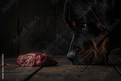 Intense rottweiler dog eyeing juicy raw meat on wooden floor