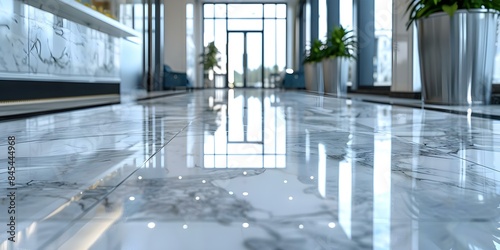 Polished Marble Floor in Upscale Office or Hotel Lobby Following Cleaning Service. Concept Marble Floor Cleaning, Upscale Interiors, Commercial Cleaning Services, Elegant Office Spaces