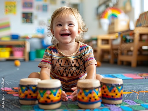 Toddler playing colorful drums in early childhood education classroom with playful learning environment