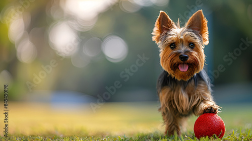 Yorkshire terrier standing near big red ball Cute playful Yorkshire Terrier caught in action on Hun Stanton green above the cliffs on North Norfolk coast, Generative Ai 