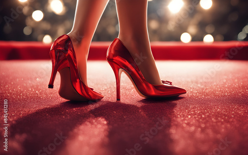Low angle view of a woman's high heels on a red carpet, glamorous event, evening glamour