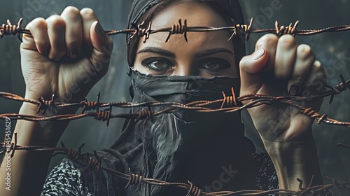 A woman with a covered face holding her fist up in the air behind barbed wire, illustrating the concept of fighting against oppression