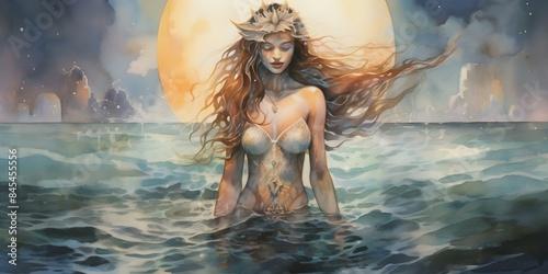 Mermaid queen emerges from the ocean under a full moon watercolor style. Concept Fantasy, Mermaid, Ocean, Full Moon, Watercolor Style