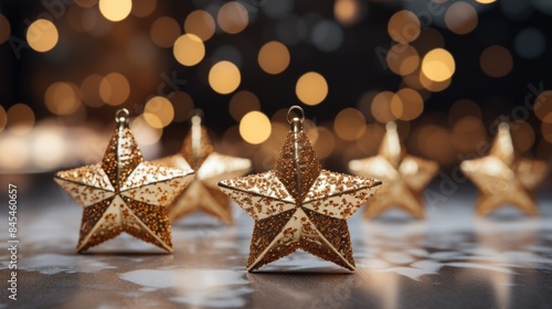 Sparkling Christmas Star Ornaments with Golden Bokeh Background