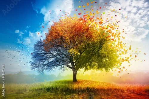 A tree with leaves changing colors, going through the cycle of life from green to vibrant autumn hues, representing change and the inevitability of transformation