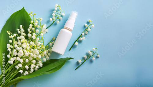 Nasal spray bottle for allergies with lily of the valley flower and green leaves on blue background