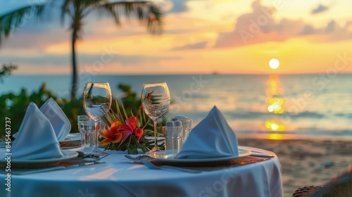 table setting at sunset with beach view.
