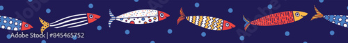 Vector seamless horizontal border with fish. Cute illustration. Sardines.