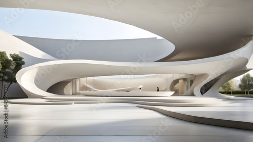 A simple concrete structure featuring curved walls, a white platform, an open-air courtyard, and an empty, abstract architectural design museum plaza as a model of a large showcase showroom