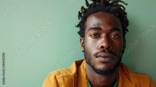 Moody portrait of a pensive multi ethnic man with a strong penetrating gaze set against a subdued pastel green background The image exudes a sense of sophistication