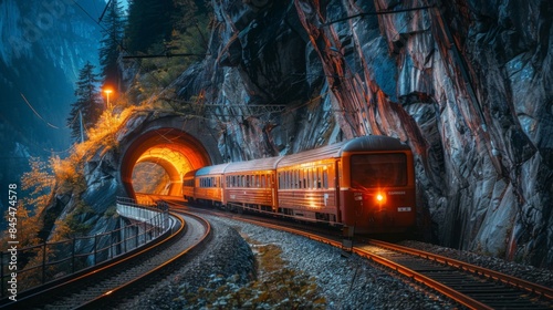 High-angle view of a train passing through a picturesque mountain tunnel with dramatic lighting