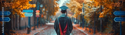 Graduate in cap and gown at crossroads, colorful signposts, bright autumn day, decisionmaking, Hyperrealism, Inspirational 8K , high-resolution, ultra HD,up32K HD