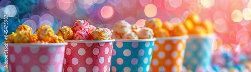 Assorted snacks in colorful, patterned cups, bright and playful, blurred background, High contrast, Digital Art 8K , high-resolution, ultra HD,up32K HD