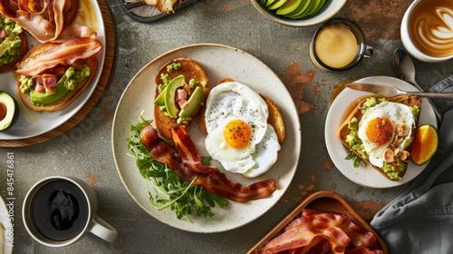 High-angle view of an Australian breakfast spread with avocado toast, poached eggs, bacon, and flat white coffee