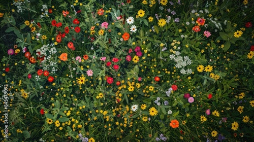 Aerial view of wildflowers on wooden backdrop in summer