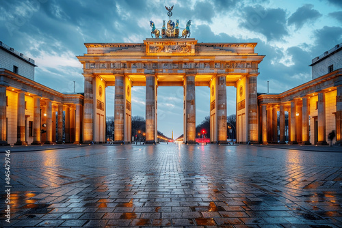 Twilight view of the illuminated Brandenburg Gate in Berlin with dramatic sky