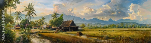 A painting of a rural area with a house and palm trees
