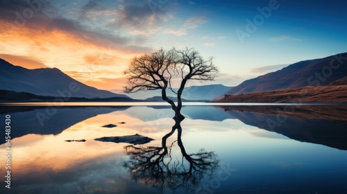 A tree growing and reflecting in lake surrounded by mountain range at sundown.