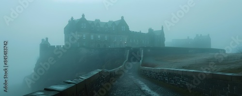 Mysterious Misty Castle in Scotland Haunting Historical Landmark on Moody Cloudy Evening