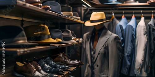 Luxurious businessmans closet with classic suits shirts shoes and hats. Concept Classic Suits, Business Attire, Luxury Wardrobe, Menswear Fashion, Stylish Accessories