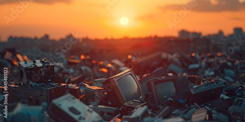 Sunset backdrop with discarded electronics being dismantled for recycling focusing on ewaste. Concept E-waste Awareness, Environmental Sustainability, Sunset Photoshoot, Recycling Action