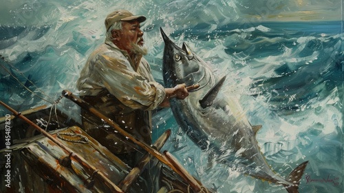 A traditional oil painting of an old fisherman catching Albacore tuna