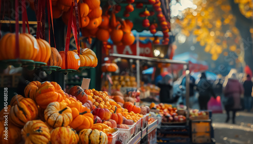 A market with a variety of fruits and vegetables, including pumpkins and apples