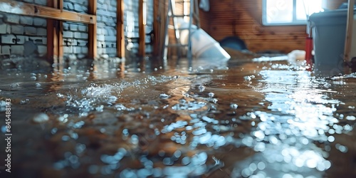Dealing with a flooded basement caused by snowmelt or pipe burst. Concept Flooded Basement, Snowmelt Damage, Pipe Burst, Water Cleanup, Damage Restoration