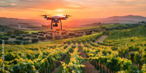 Utilizing Drones for Sustainable Agriculture Monitoring Crops, Spraying, and Vineyard Management. Concept Drone Technology, Sustainable Agriculture, Crop Monitoring, Spraying, Vineyard Management