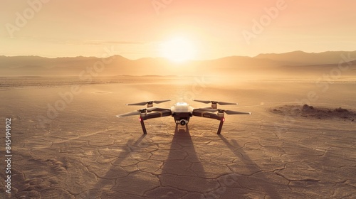 A drone surveying a barren desert landscape the harsh sun reflecting off its metallic surface