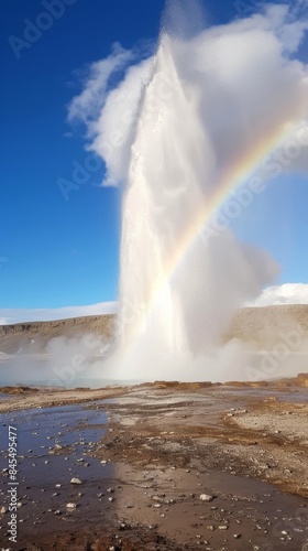 A geyser erupting under a rainbow, steam rising against a backdrop of mountains