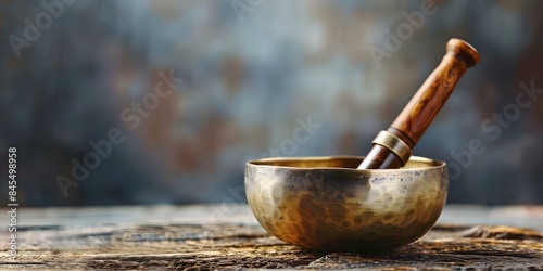 Ancient Tibetan Singing Bowl A Music Instrument for Yoga, Meditation, and Relaxation. Concept Tibetan Singing Bowl, Yoga, Meditation, Relaxation, Music Instrument