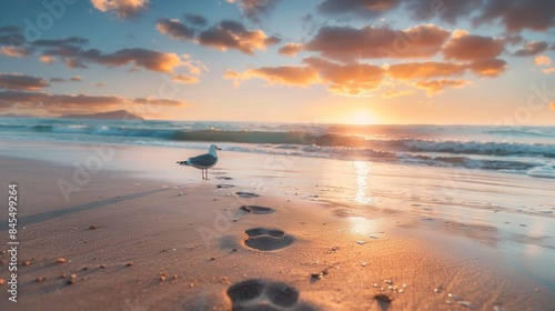 Close-up of a seagulls footprints in the wet sand, disappearing towards the vast ocean and a vibrant sunrise